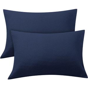 Waffle Weave Pillowcases Queen Size 2 Pack, 100% Egyptian Cotton 600 Thread Count, Ultra Soft Pillow Shams with Envelope Closure, Breathable Skin-Friendly Pillow Case, Navy Blue, 20x30 Inches