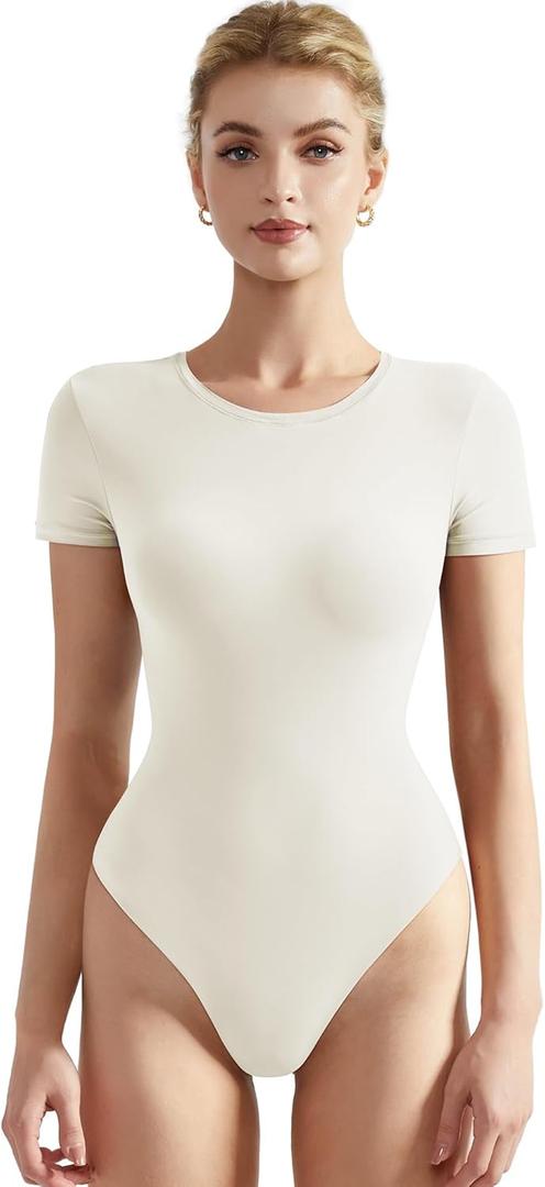 SUUKSESS Women Crew Neck Short Sleeve Thong Bodysuit Shirts Basic Top (Medium, 01 White)