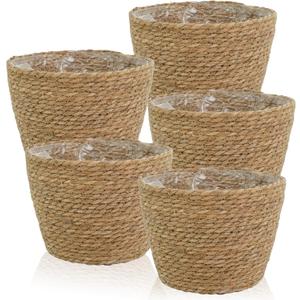 5 Pcs Large Premium Seagrass Planter Basket 10.2x7.5x7 Stylish Planter Baskets Woven Wicker Baskets with Plastic Lining for Indoor Outdoor Flower Plants Pots Cover Room Decor