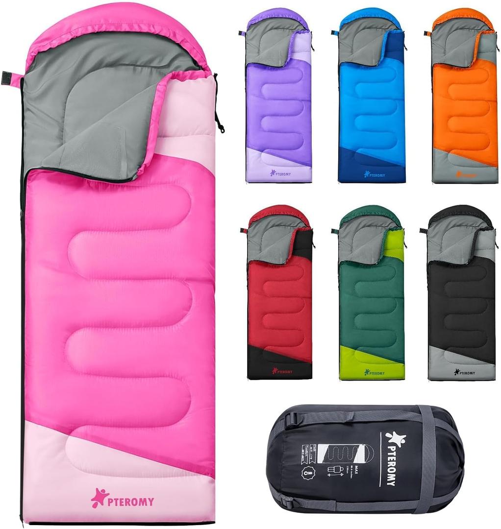 PTEROMY Sleeping Bags for Adults, Lightweight Water Resistant Backpacking Camping Sleeping Bag for Warm Cold Weather, Camping Essentials for Hiking Outdoor Travel (Pink)