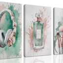 Fashion Makeup Canvas Wall Art Set of 3 - Pink Trendy Beauty Pictures Wall Decor, Sage Green Perfume Paintings, Makeup Brushes Earphone Prints for Teen Girls Bedroom Bathroom Dorm 16x24 inch Framed, 24L" x 16W"