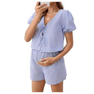 MakeMeChic Women's Maternity  Only 1Piece Pajamas Set Striped V Neck Tie Puff Sleeve Shirt and Shorts Pregnancy Lounge Set Blue Small