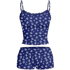 Hilinker Womens Sexy 2 Piece Pajama Set Lace Trim Ruched Cami and Shorts Summer Cute Pjs Dark Blue Floral Large XL