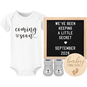 Pregnancy Announcement, Coming Soon Baby Announcement For Grandparents Dad Husband Family, Pregnancy Reveal Ideas, Gender Reveal Baby Shower Gifts -Felt Letter Board, Onesie, Booties, Wooden Sign