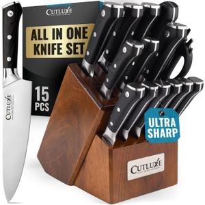 Cutluxe Knife Set with Block  15-Piece Knife Set for Kitchen, Ultra Sharp High Carbon German Stainless Steel, Full Tang, Acacia Wood Block  Artisan Series