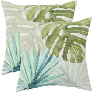 Tropical Pillow Covers 18x18 Set of 2 Summer Blue Green Palm Monstera Leaf Outdoor Decorative Throw Pillows Farmhouse Hawaiian Holiday Pillowcases Linen Cushion Case Decor for Home Sofa Couch Bed