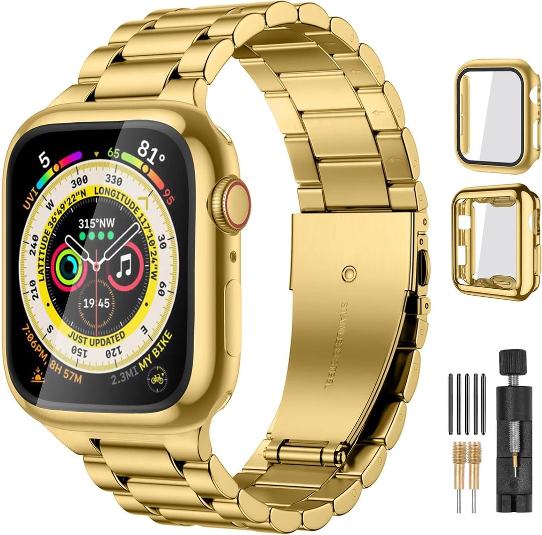 Lerobo Compatible with Apple Watch Band 44mm 42mm 40mm 38mm 41mm 45mm 46m 49mm, Solid Stainless Steel Metal Band with 2 Pack Protective Cover Case for iWtach Series 11 10 9 8 7 6 5 4 3 SE Ultra Men Women (Gold)