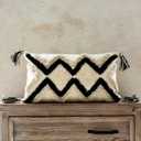 Woven Tufted Boho Lumbar Throw Pillow Cover, Modern Decorative Geometric Chevron Cushion with Tassels, Farmhouse Tribal Pillowcase for Couch Sofa Bedroom Living Room, 12 x 20 Inches, Black, Ivory