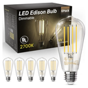 TJOY Edison Light Bulbs 60W Equivalent, Dimmable Vintage LED Light Bulbs, E26 Medium Base, Warm White 2700K, ST58, 8W, 800LM, 80+ CRI, Antique Decorative Filament LED Bulb, Clear Glass, 6 Pack