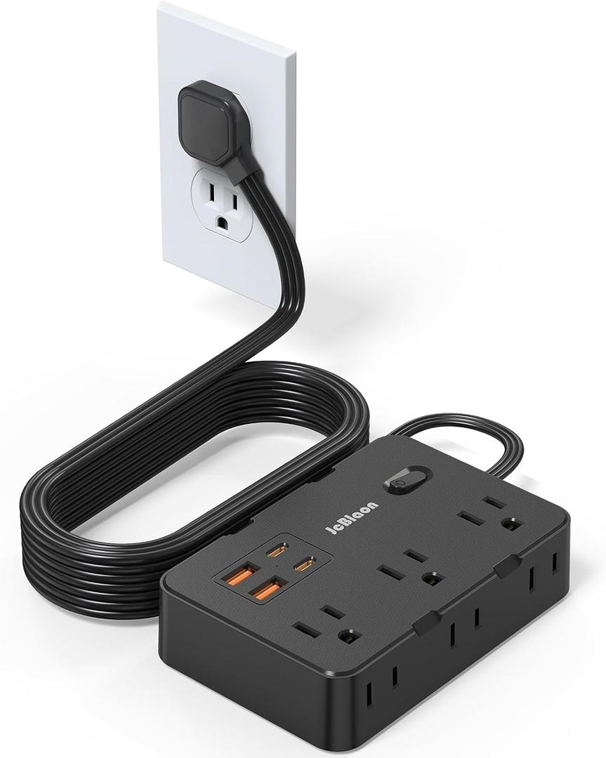 Flat Plug Power Strip Surge Protector, 5ft Ultra Thin Extension Cord with 4 USB Wall Charger(2 USB C Port), 6 Widely-Spaced Outlets Power Strip Compact for Travel, Office, Dorm Room Essentials (Black)