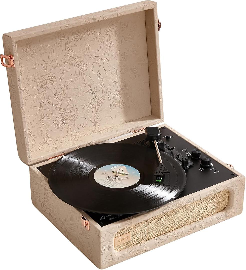 Arkrocket Coryphaeus Vinyl Record Player 3-Speed Bluetooth Input and Output Built-in Speakers with Magnetic Cartridge Auto Off (Flora Engraved)