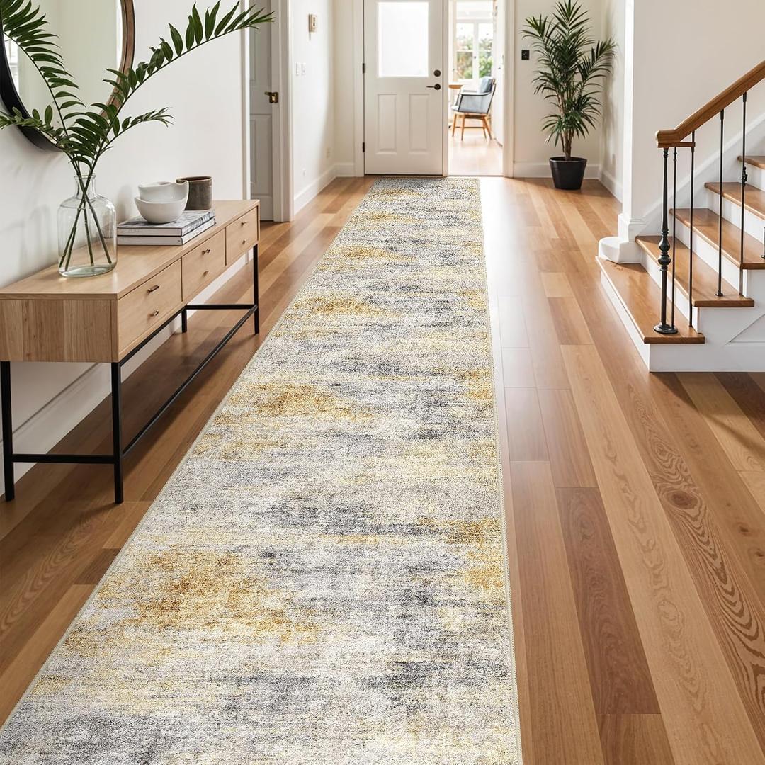 3x20 Runner Rug Washable Abstract: Non Slip Hallway Floor Mat Grey/Yellow