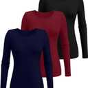 Ficerd 3 Pack Women's Ribbed Long Sleeve Tops, Crew Neck Slim Fit Undershirts Knit Basic Casual Stretch Layering Tee Shirts (L)