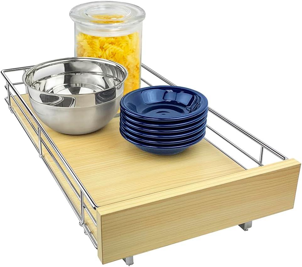 LYNK PROFESSIONAL SELECT Pull Out Cabinet Organizer, 11" x 21" Slide Out Drawers for Kitchen Cabinets - Sliding Pull-Out Pantry Shelves Home Shelf Organizers - Lifetime Ltd. Wood Chrome (11" W x 21" D)