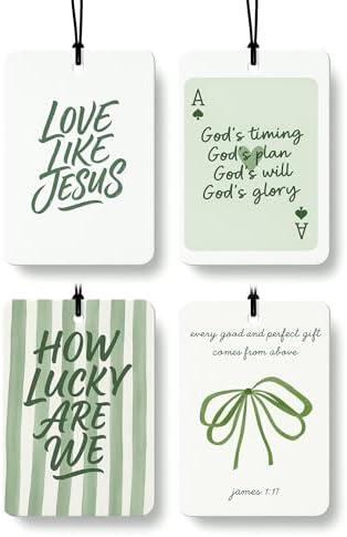EKGJW Green Christian Cologne Car Air Freshener 4 Pcs, Coquette Bow Ace Card Jesus Religious Hanging Air Freshener for Cars Bathroom Dorm Books Decor, Christian Accessories Gifts for Women Girls