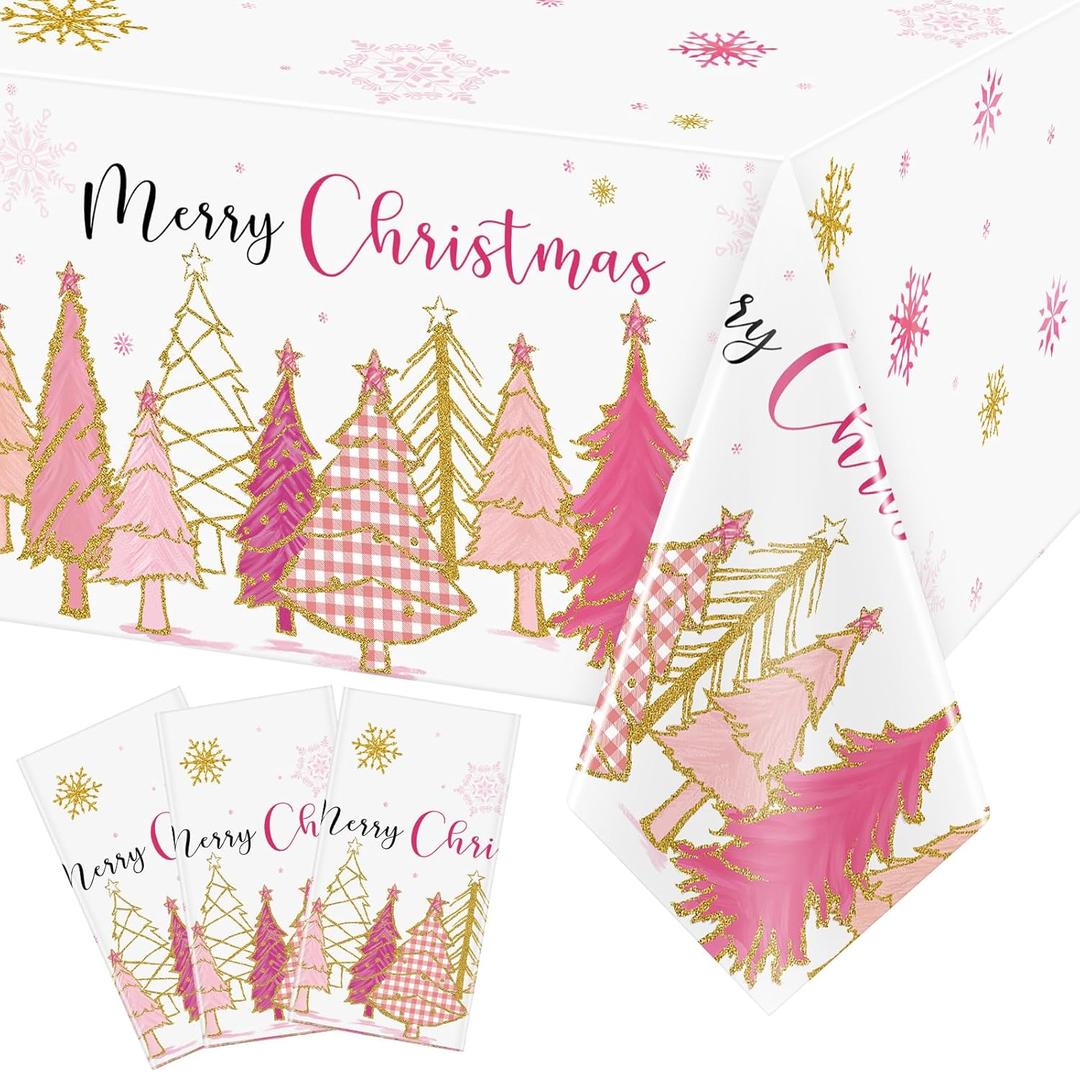 3 Pcs Pink Christmas Tree Plastic Table Covers Merry Christmas Tablecloth Winter Holiday Tablecloth Let it Snow Table Cloth for Xmas New Year Themed Party Decor Supplies, 54 x 108 Inch