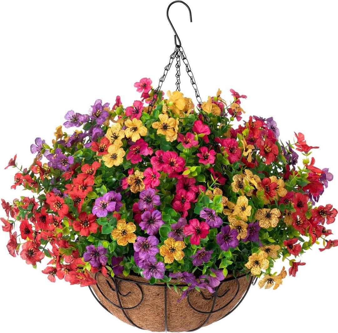 Artificial Faux Hanging Plants Flowers Basket for Summer Outdoor Outside Decoration, Fake Silk UV Sun Resistant Look Real Colorful Daisy Eucalyptus for Porch Home Patio Balcony Yard (Mix)