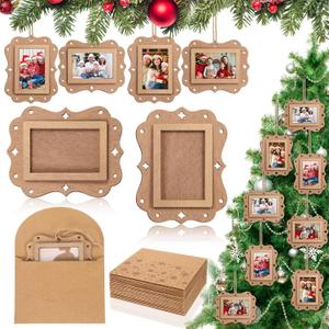 24 Pcs Christmas Wood Picture Ornaments Photo Ornament with Kraft Paper Bag Wood Christmas Tree Hanging Ornaments for Xmas Tree Picture Frame Stockings Decorations (Rectangle)