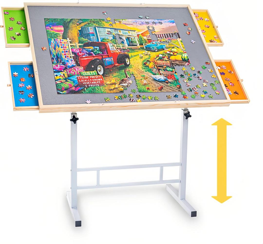 Fanwer 1500 Piece Puzzle Table with Legs, Angle & Height Adjustment Jigsaw Puzzle Table with 4 Drawers & Wooden Cover | 35"x26" Tilting Puzzle Board for Adults and Children, for Birthday