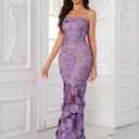 Women's 3D Floral Embroidery Dress Sheer Mesh Square Neck Lace Bodycon Party Cocktail Mini Dress (Purple, L)