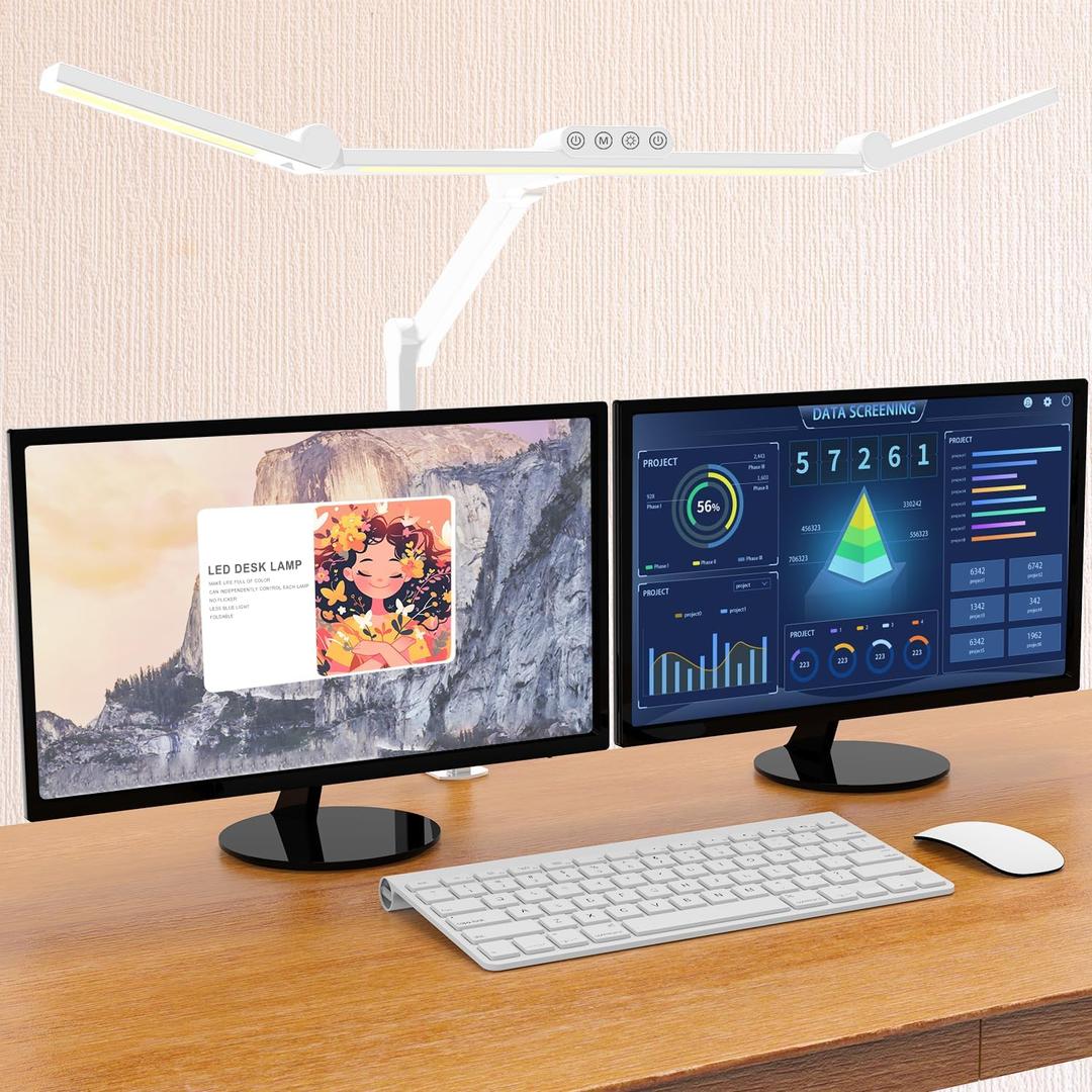 Micomlan Led Desk Lamp for Home Office, White Architect Desk Lamp with Clamp for Crafting, 24W Bright Rotatable Led Table Light Stepless Dimming Tempering Wide Computer Light with Atmosphere Lighting