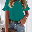 PRETTYGARDEN Women's Short Sleeve Casual T Shirts Summer Ruffle Plain Round Neck Loose Fit Tee Blouse Tops (Green, L)