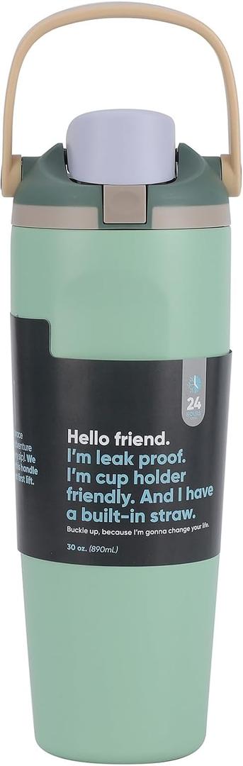 New portable straw double-layer vacuum handle fruit cup, portable outdoor car cup (Light green)