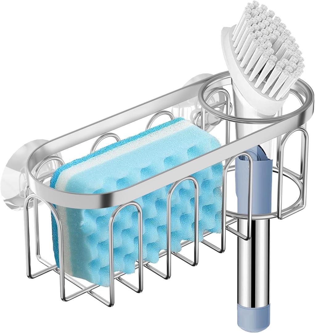 Yazoni 2-in-1 Sponge Holder for Kitchen Sink, Suction Cup Kitchen Caddy, No Drill Rustproof Sink Organizer for Place Dishwashing Brush Soap and Sponge (Silver)
