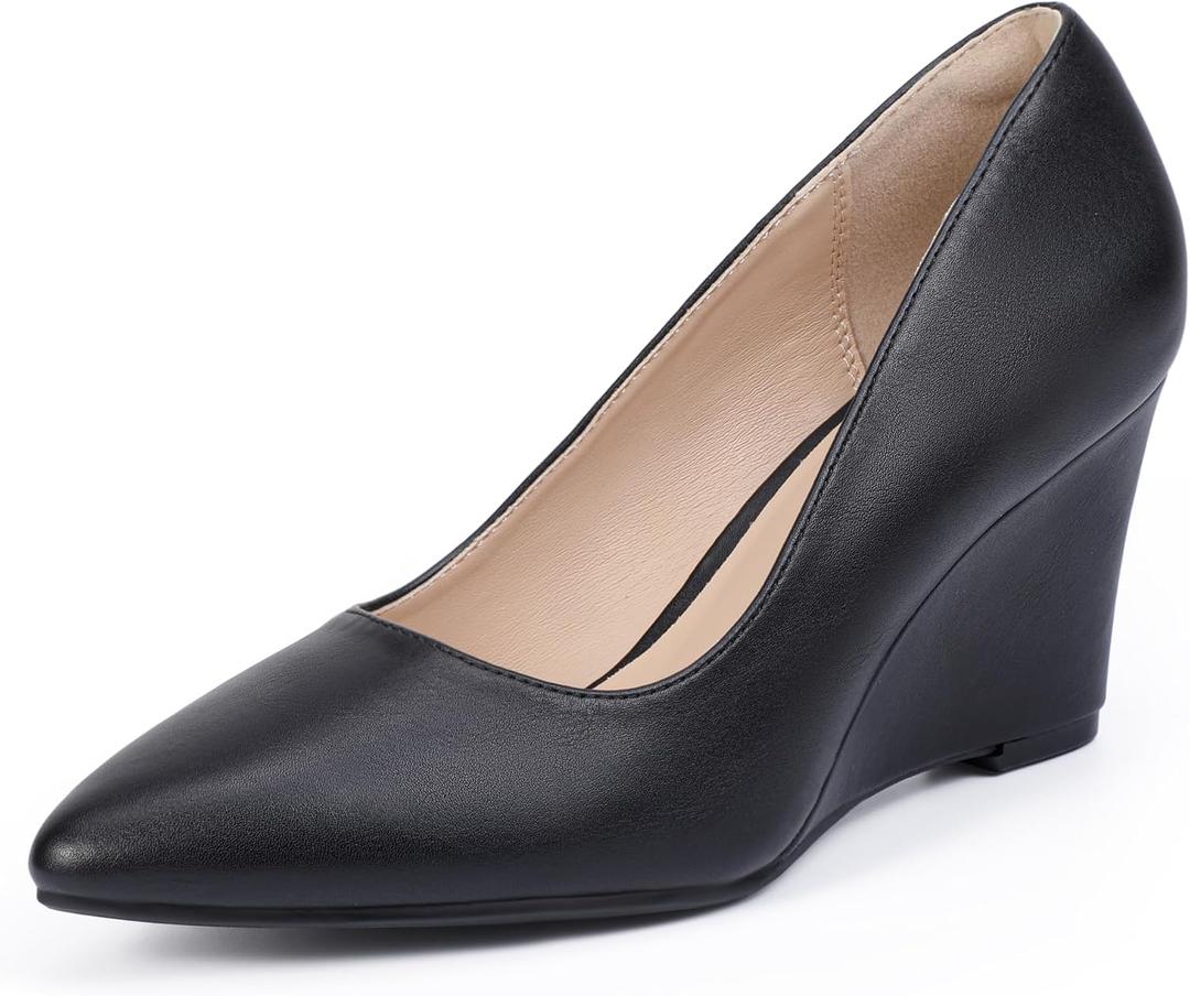 IDIFU Black Wedges for Women - Closed Toe Wedge Pumps with Low Heel, Pointed Toe - Work Office Formal Business Dress Shoes - Cute, Casual, Dressy, Comfortable, Trendy - Wedge Pumps (Black Pu, 8)