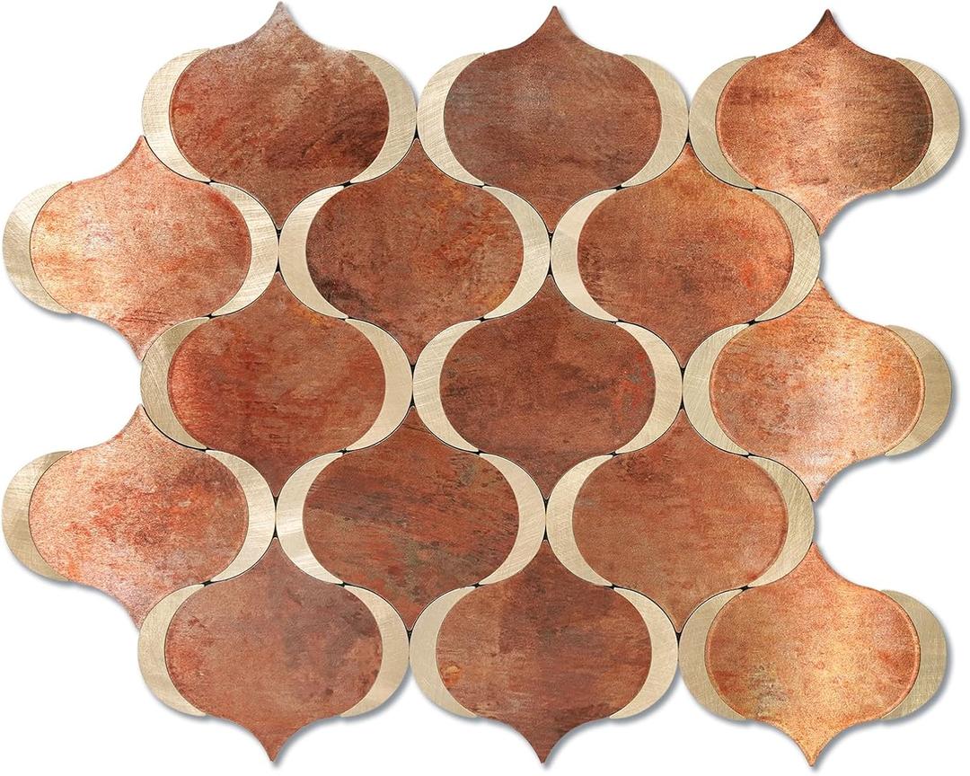 10 Sheet Arabesque Peel and Stick Backsplash Tile, Stick on Backsplash for Kitchen and Bathroom Wall, Retro Brown Look PVC Mixed Metal Aluminum