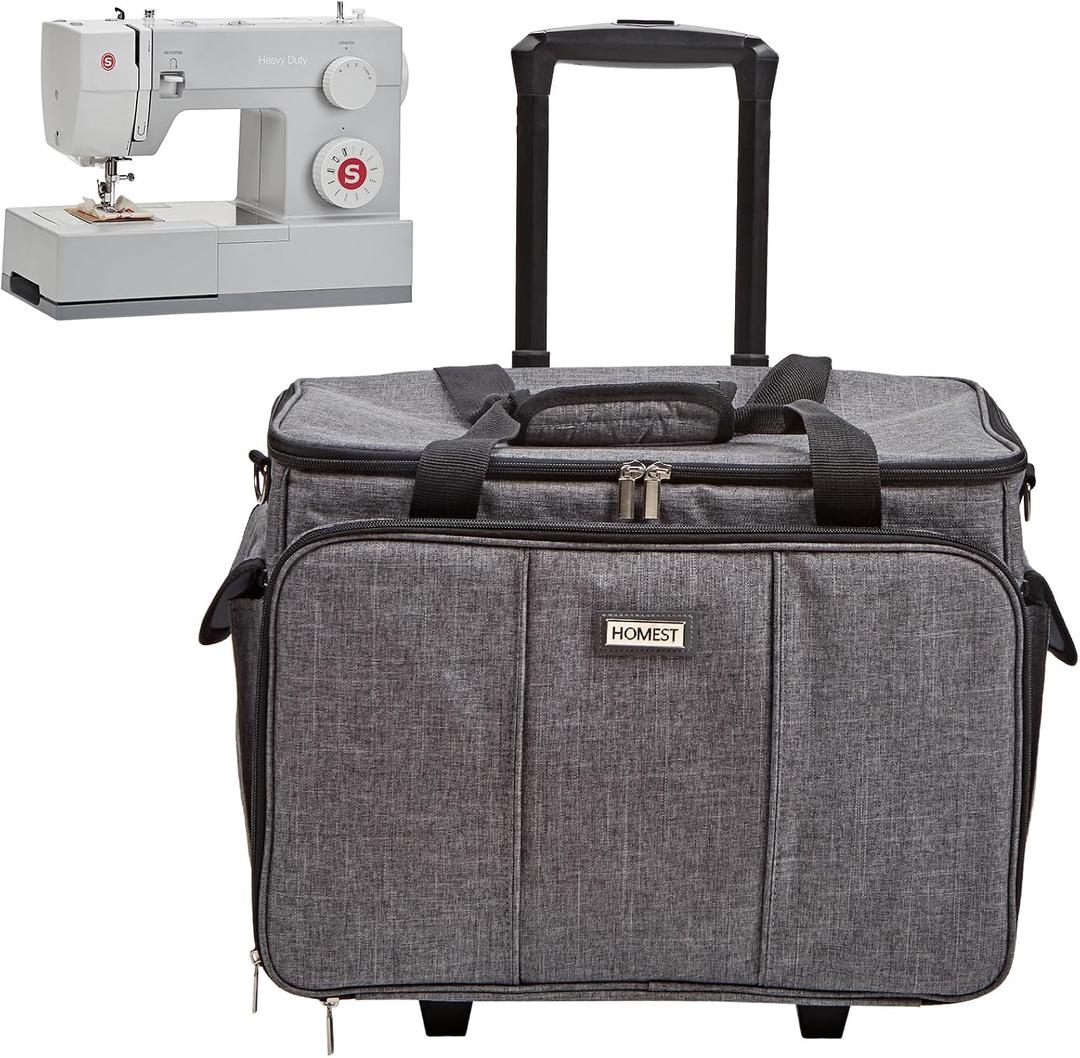 HOMEST Sewing Machine Carrying Case with Multiple Storage Pockets, Universal Tote Bag with Shoulder Strap Compatible with Most Standard Singer, Brother, Janome (Grey, Sewing Machine Bag with Wheels), Sewing Machine Bag Style W