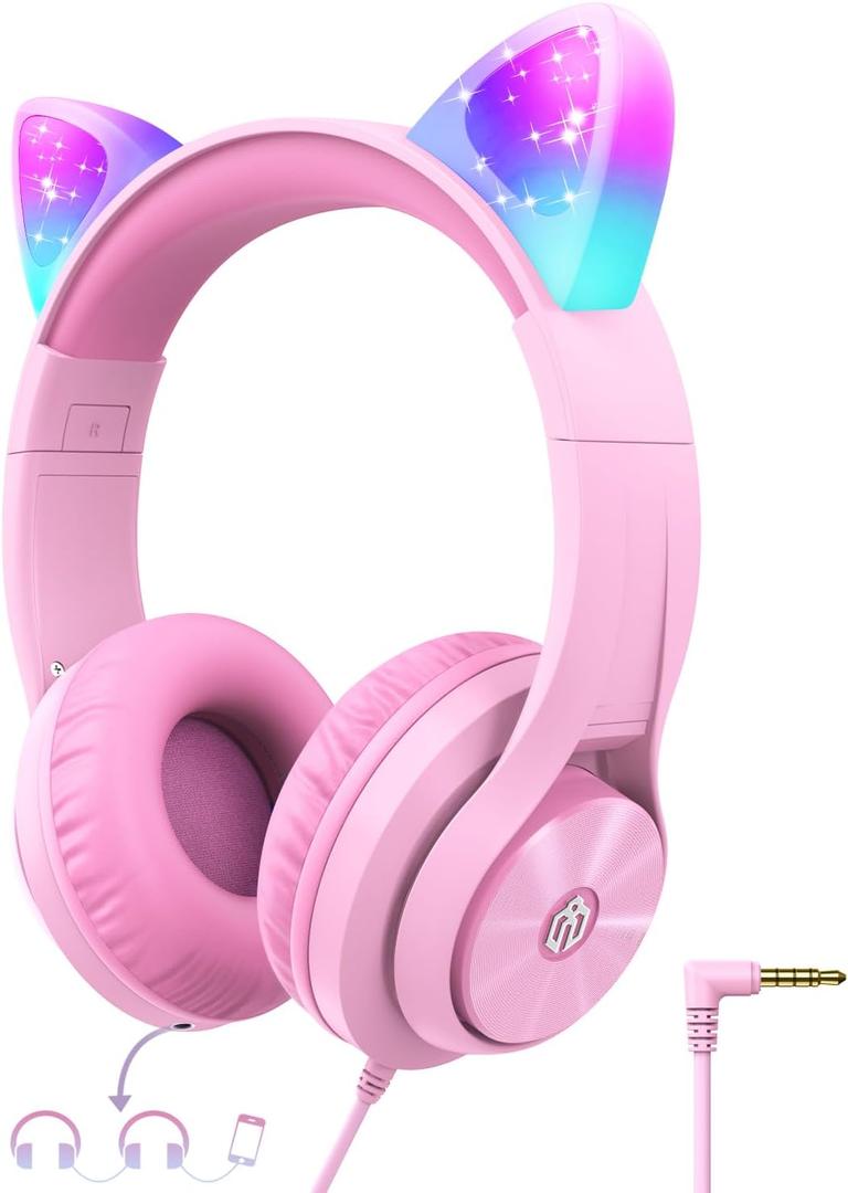 iClever Kids Headphones with Cat Ear Led Light Up, Safe Volume Limite, FunShare, Foldable, Over-Ear Headphones for Kids for School/iPad/Tablet/Travel, Meow Donut-Pink (Medium)