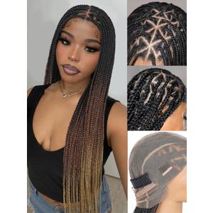 HANNE Full Lace Braided Wigs for Black Women Knotless Braided Wigs with Baby Hair 100% Handmade HD Lace Synthetic Box Braid Wig (1B/30/27- Triangle Box)