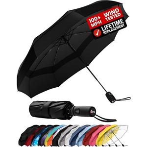 Windproof Travel Umbrella - Compact & Withstands Winds up to 100MPH, Strongest Premium Auto Folding Umbrella for Rain and Sun - Durable, Light & Portable for Women & Men, Fits Backpack & Cars, Black