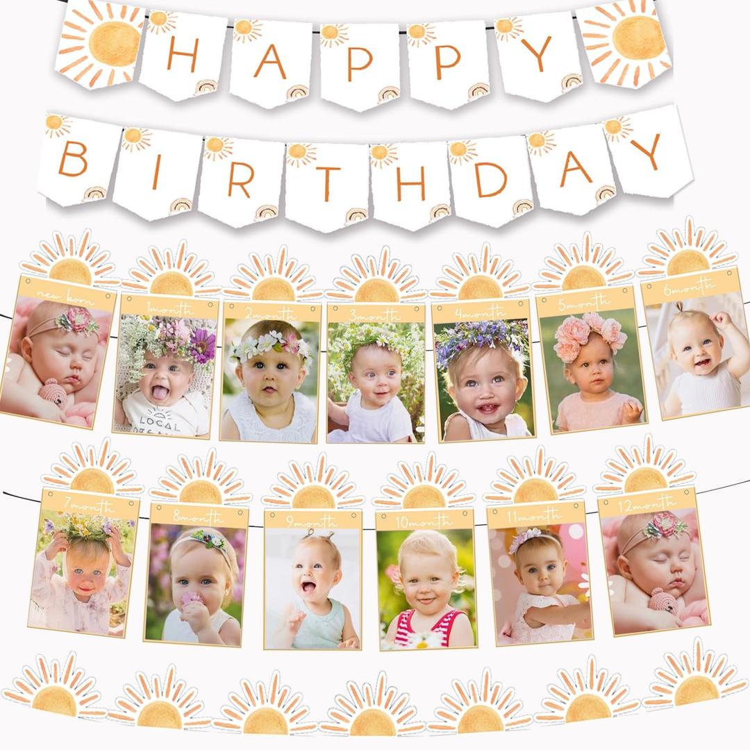 First Trip Around the Sun 12 Month Photo Banner Boho Sun Happy Birthday Banner SunShine Garland Boho Sun 1st Birthday Decorations Party Supplies Sunshine First Birthday Decor