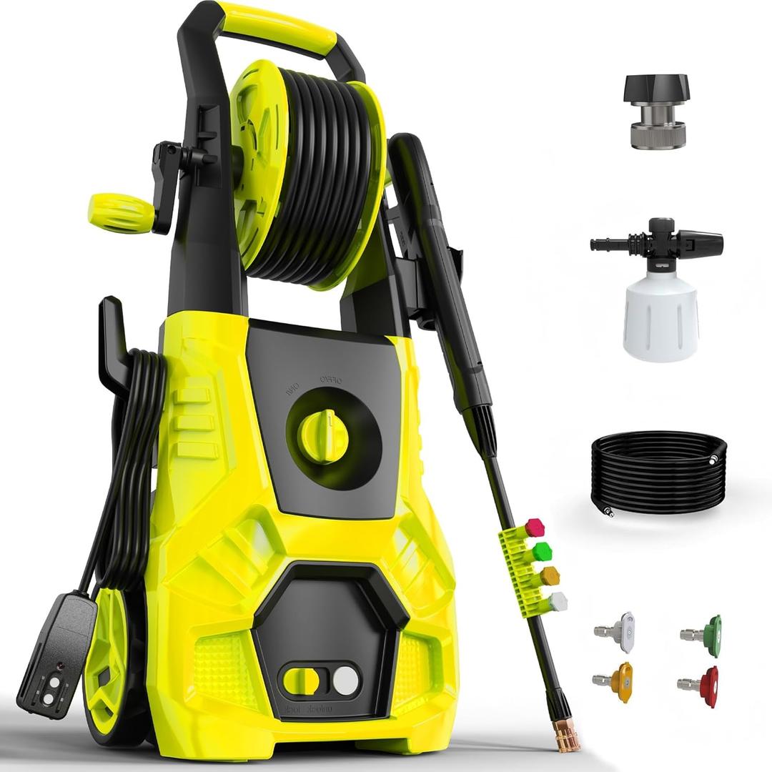 5000PSI PowerWasher with 4 Quick Connect Nozzles, Foam Cannon for Car, Lane, Patio Cleaning, Hydro Jet Pressure Hose Water Wand for Gutter Patio Car Garden Window, Yellow