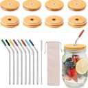 Bamboo Mason Jar Lids with Straw Hole, Stainless Steel Reusable Straws with Colored Silicone Tips, Straw Cleaner Brush and Polyester Bag, 70mm Bamboo Mason Jar Lids (Regular Mouth)