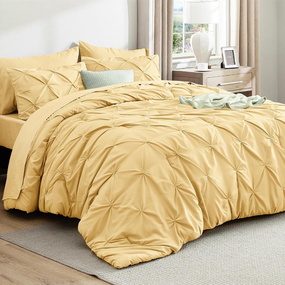 Bedsure Twin Comforter Set Yellow - Bed in a Bag Twin Size Bedding 5 Pieces, GentleSoft Pintuck Bed Set Gift for Family, Pinch Pleat Yellow Comforter with Sheets, Pillowcase & Sham