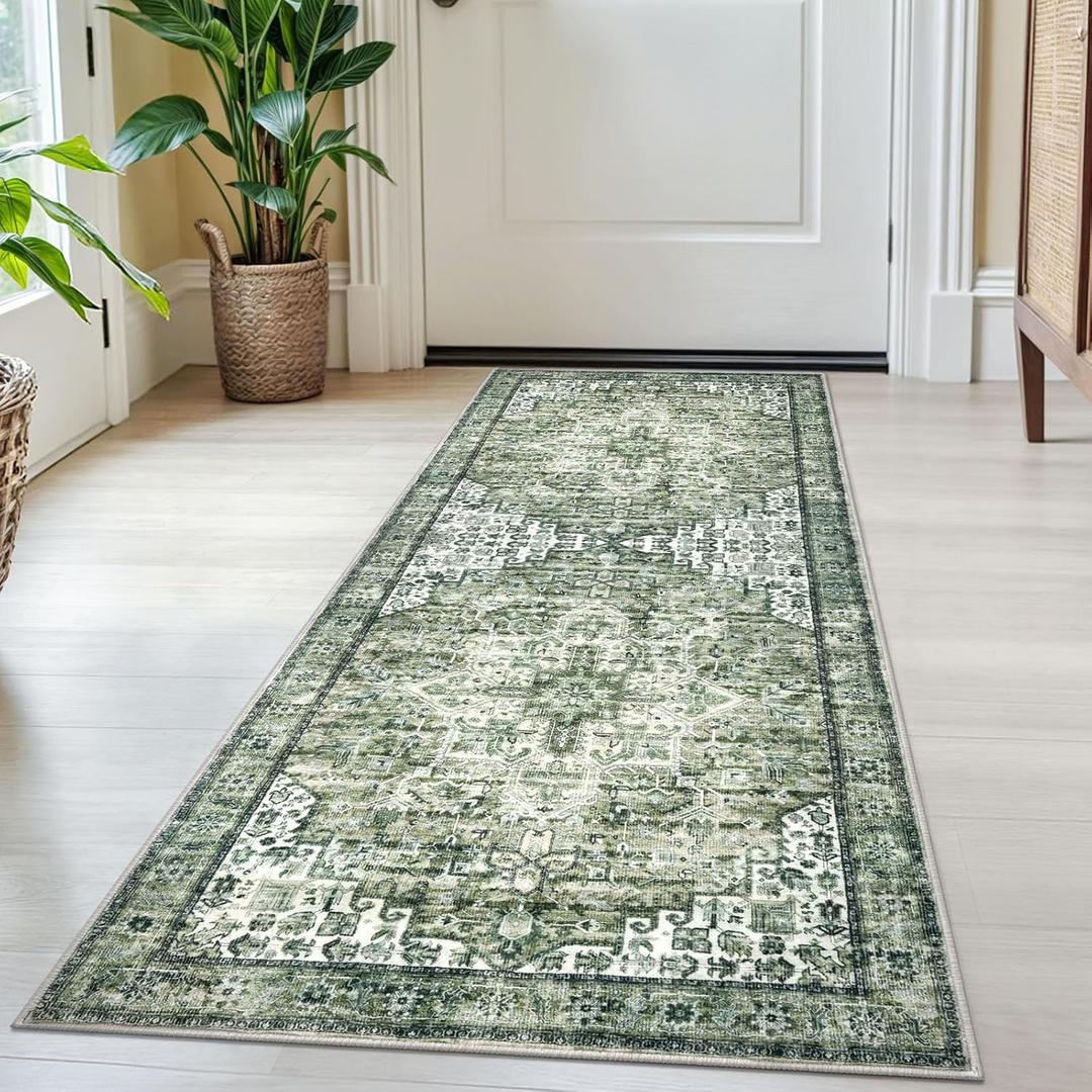 SIILOOM 2x5 Runner for Hallways, Green Non-Slip Washable Kitchen Runners, Vintage Boho Runner Printed Rug with Non-Shedding, Soft Medallion Floor Carpet Rugs for Laundry Bedroom Entryway