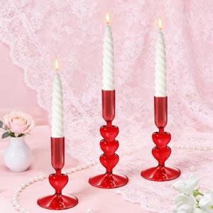 3Pcs Valentine's Day Glass Candle Holders Red Heart Glass Taper Candlesticks Coquette Crystal Candle Holders for Table Centerpiece Bridal Wedding Mother's Day