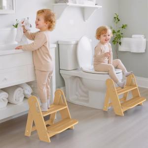 Toddler Step Stool, Wooden Step Stool for Kids, Foldble Potty Stool with Handles and Non-Slip Pads, 2 Stepping Stools Toddler Stool for Bathroom Sink Kitchen Bedroom Counter (Natural) 