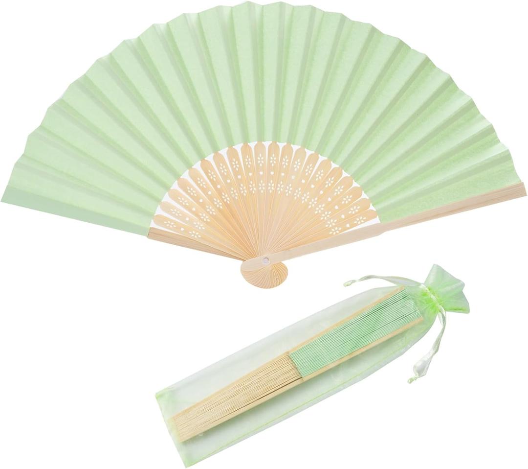 50pcs Paper Hand Fan with Organza Bags Bamboo Handheld Folding Fan DIY Decorative Wedding Party Favors (Light Green)