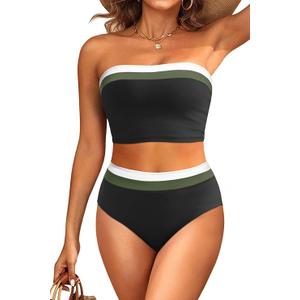 Tempt Me Women Bandeau Bikini Set Strapless High Waisted Two Piece Swimsuit Longline Bathing Suits Black Color Block M
