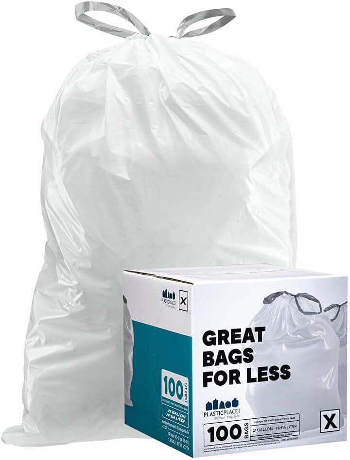 Plasticplace Custom Fit Trash Bags, Compatible with simplehuman Code X (100 Count) White Drawstring Garbage Liners 21 Gallon/ 80 Liter, 26" x 24.5"