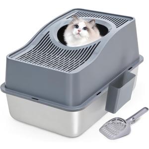 Top Entry Cat Litter Box with Lid, Stainless Steel Enclosed Cat Kitty Litterbox, Top Loading Large Metal High Side Litter Pan Tray Box Enclosure Easy Cleaning Anti-Leakage