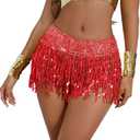 3 x Women Sequins Fringe Shorts Dance Skirt with Sparkly Tassels Halloween Rave Music Festival Bottoms (10-12, Red)