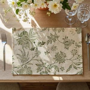 JINCHAN Linen Floral Fall Placemats Set of 4 Cloth Table Mats Rustic Cottagecore Jacobean Outdoor Seasonal for Kitchen Dining Table Decor Non-Slip Washable Tablemats 13x19 Inch Green