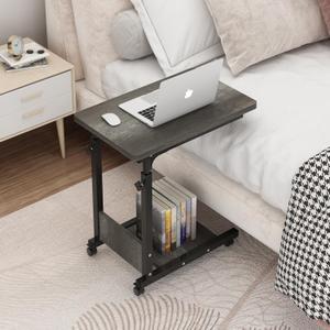 TigerDad Adjustable Height C Table Sofa Side Bedside Table with Wheels, Hospital Bed Table Rolling Tray with Storage, Mobile Computer Desk Laptop Table for Home Use,Gray (Grey)
