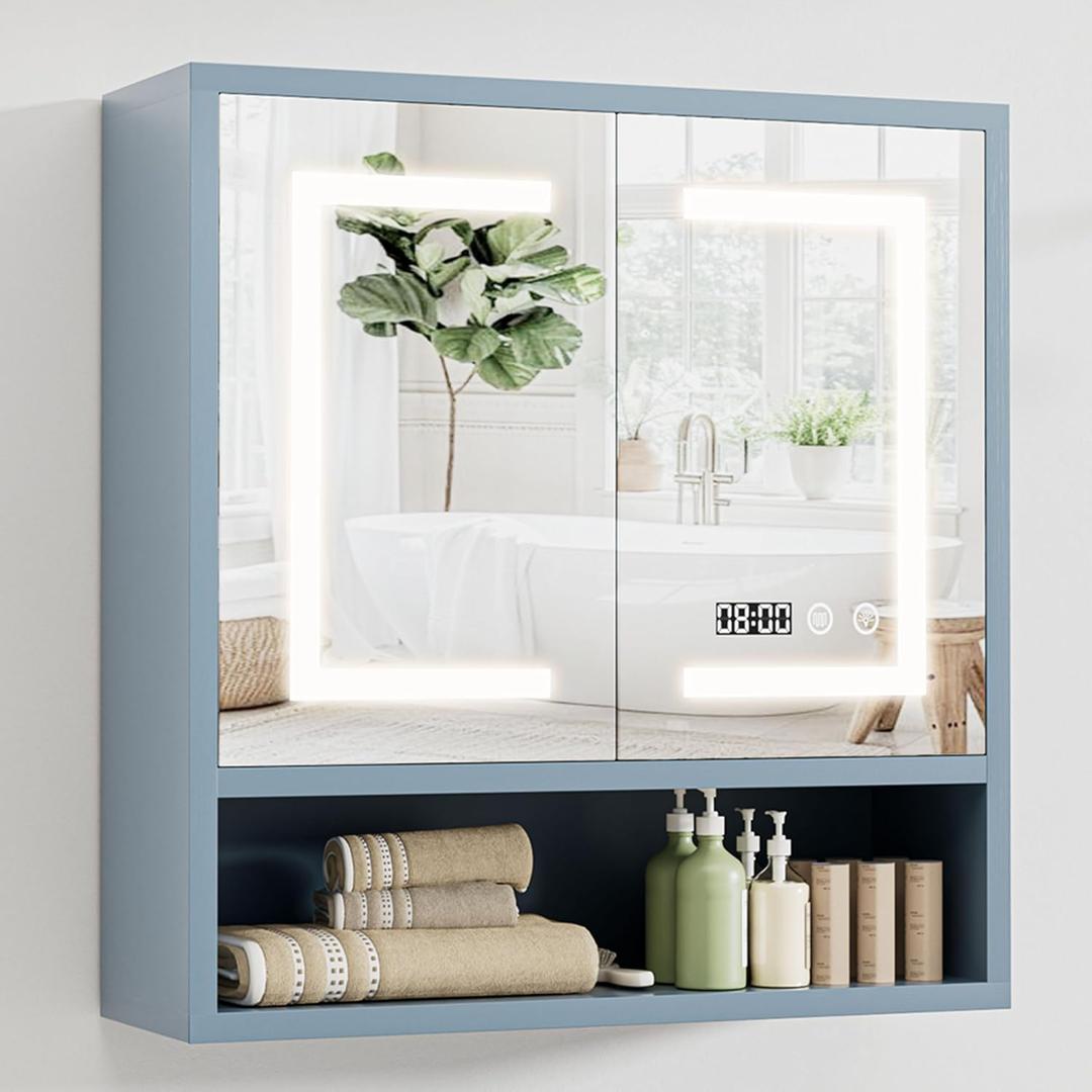 Bathroom Medicine Cabinet with Mirror, Lighted Storage Cabinet Wall Mounted with Doors & Adjustable Wood Shelf, Modern Bathroom Mirror with LED Lights Defogger for Makeup Laundry/Living Room, Grey