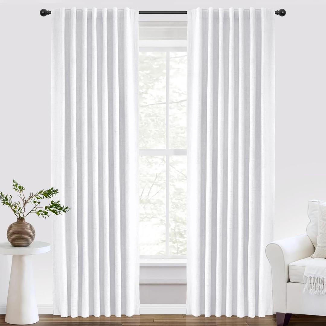 INOVADAY 100% Blackout Curtains 90 Inches Length 2 Panels Set, Back Tab/Rod Pocket Linen Black Out Curtains for Bedroom, Thermal Insulated Window Drapes - Bright White, W50 X L90